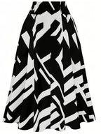 Hot Women's Trendy Fashion Color Block Casual Printed Waist-Tie Bow Elegant Versatile Commuter Style A-Line Skirt - Black