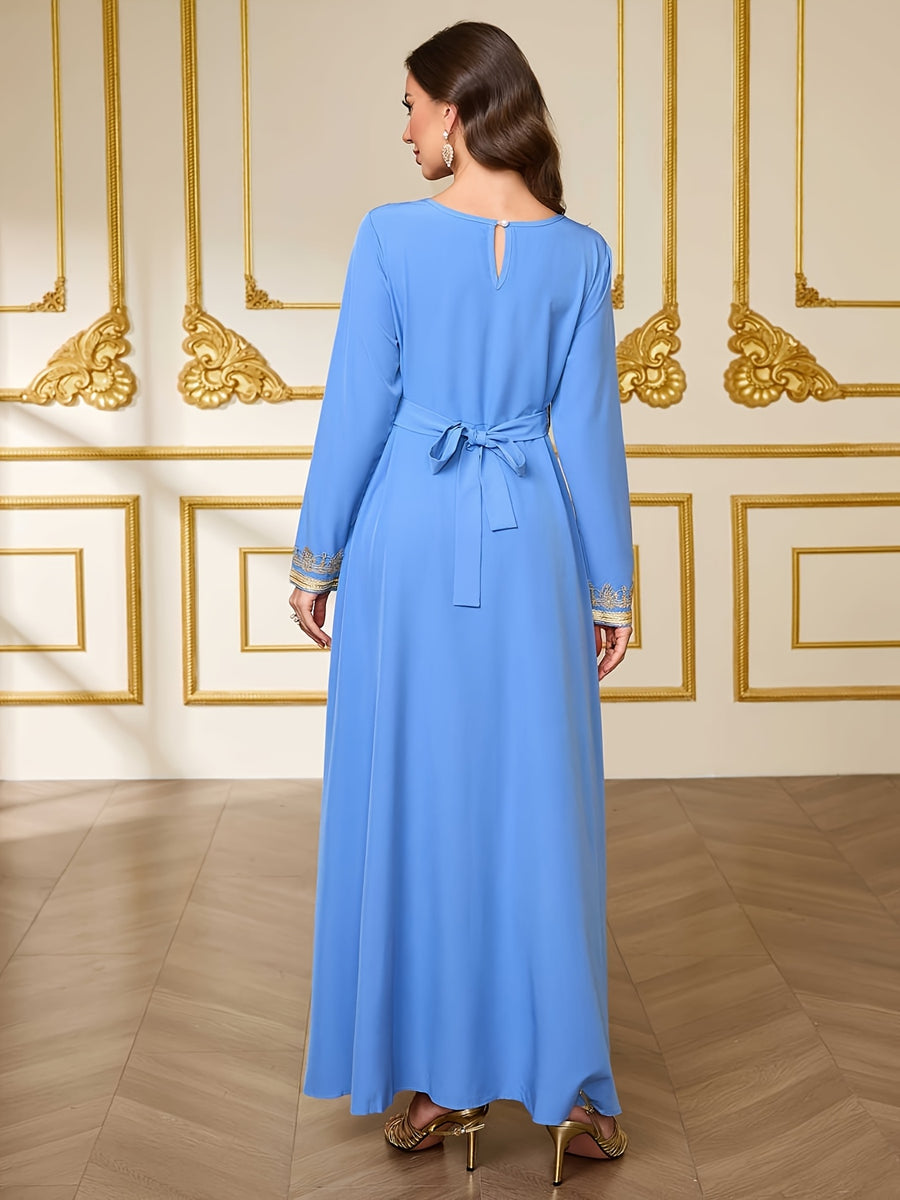Ramadan Limited Edition Apparel, Vintage Black Base Gilded Embroidered Trim Robe, Lace-Up Waist Style Women'S Dress - Blue