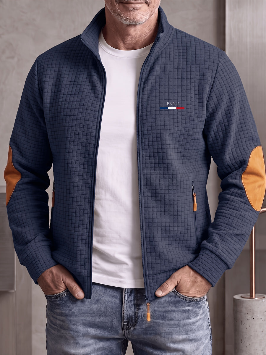 [Pearson OBM] Men'S Autumn Winter Sports Short Collar Jacket, Classic Print Design, Zippered Pockets Fashionable Small Plaid Textured Fabric, Elbow Classic Color-Block Casual Coat, Spring Autumn Versatile Zippered Cardigan Top, Suitable for Gifting - pa-cyan