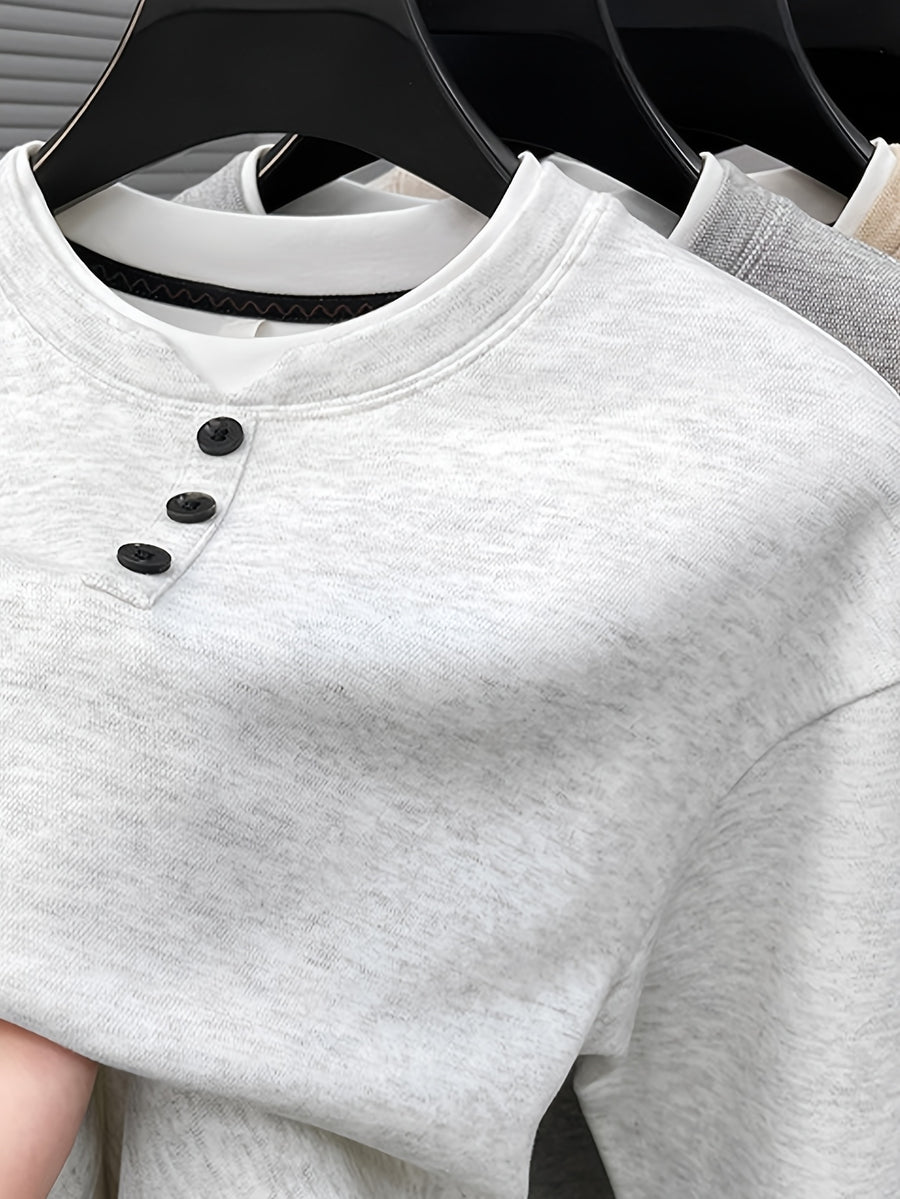Men'S 3-Button Round Neck Faux Two-Piece Spring/Autumn Solid Color Sweatshirt, Regular Shoulder Long Sleeve Pullover, Spring/Autumn Season, Wearable As Single Piece Or Layering Piece - SINBOS - White and Grey