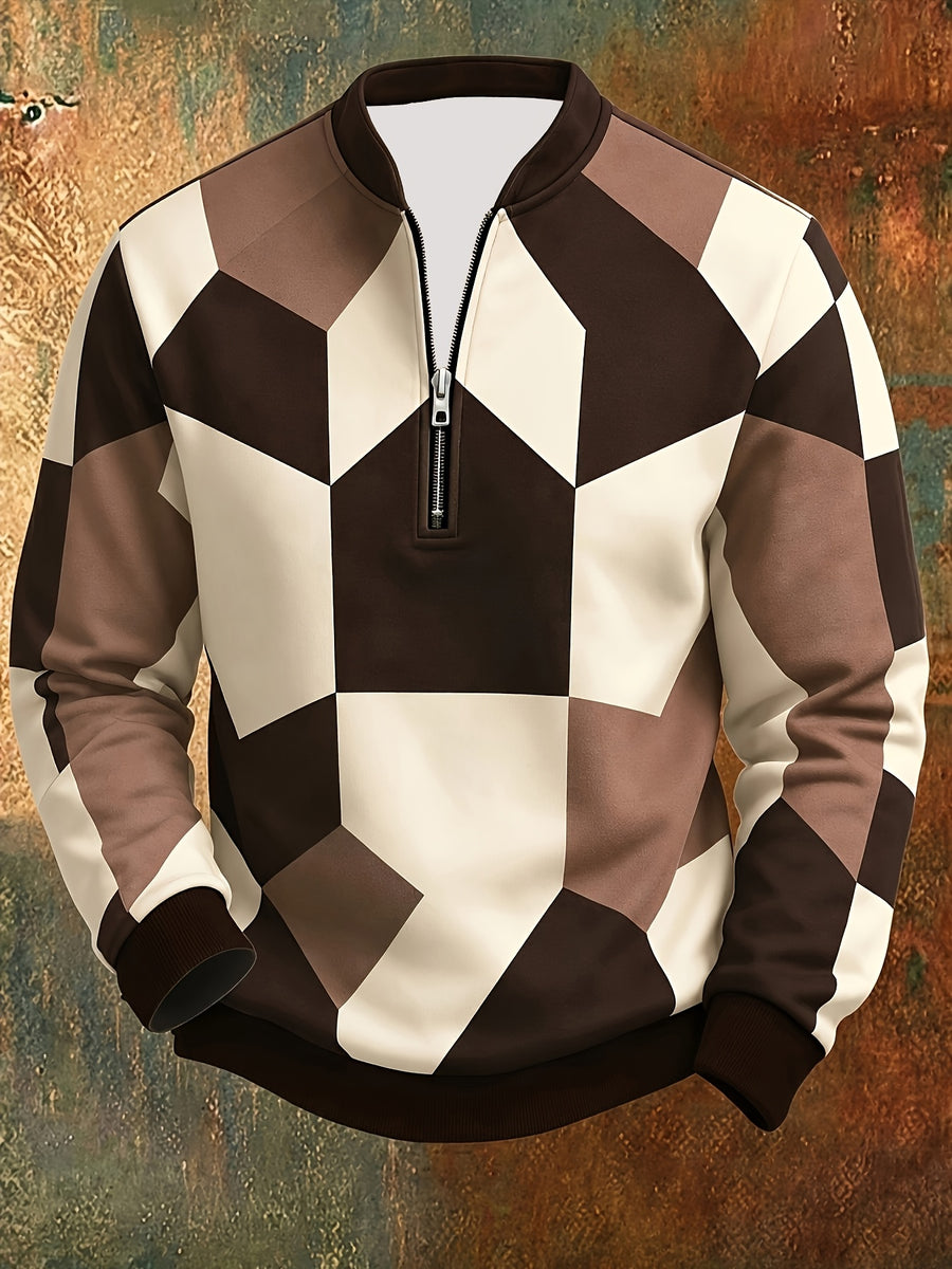 [Print Design - Not Textured] Men'S Retro Geometric Color-Block Digital Print Half-Zip Stand Collar Sweatshirt, Spring/Autumn Loose Casual Top, Daily Commute Outdoor Wear - Mixed Color 2
