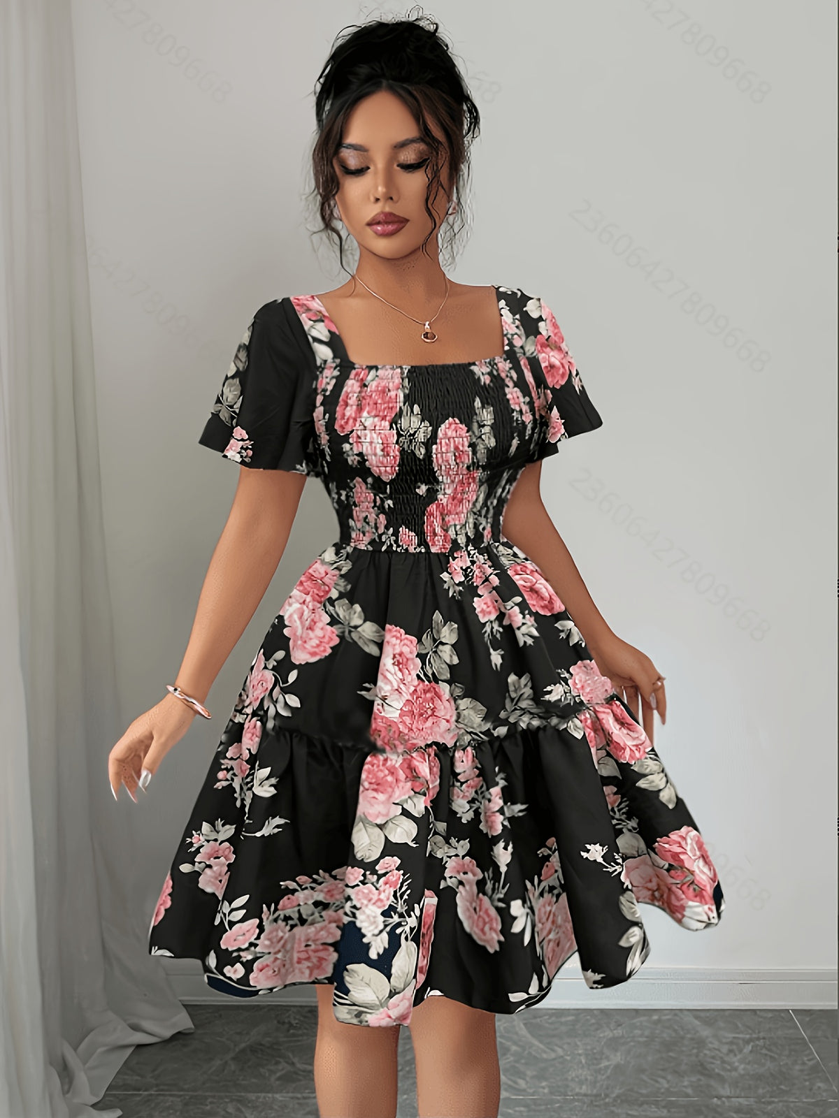 Summer Vacation Floral Print Short Dress with Waist Cinching - Black