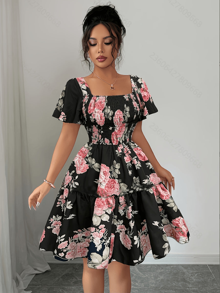 Summer Vacation Floral Print Short Dress with Waist Cinching - Black