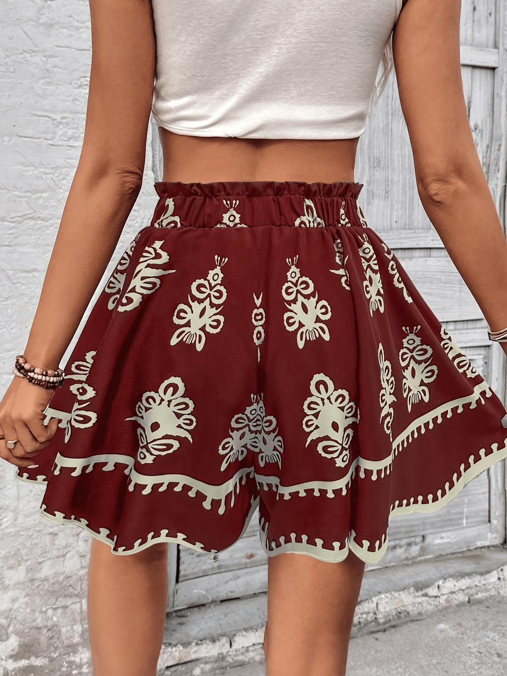 Latin Style Women'S Bohemian Printed Loose Skirt Shorts - Burgundy