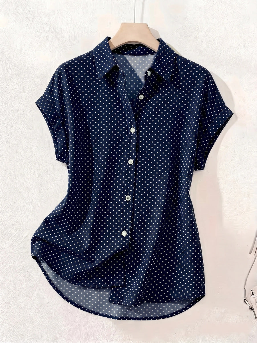Summer Polka Dot Single-Breasted Short-Sleeve Shirt - Navy Color