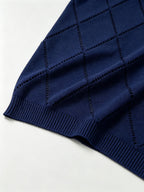 Men's Polo Collar Short Sleeve Knit Shirt, Textured Knit Top, V-Neck Lapel, Breathable Casual Pullover - Navy Color