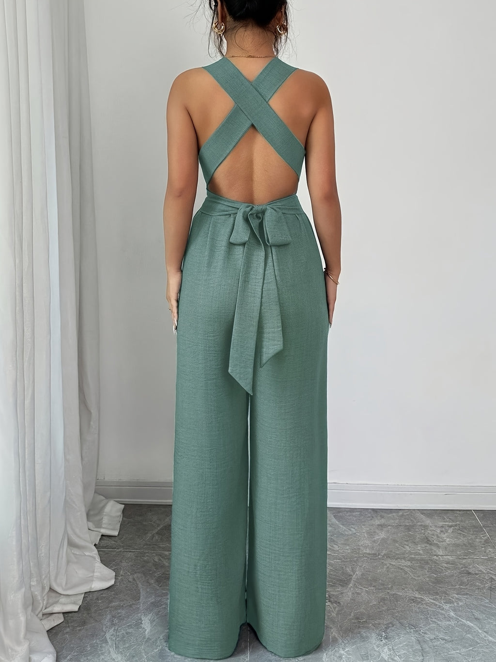 V-neck Women's Jumpsuit with Crisscross Waist Ties, Slit Back, and Wide-leg Straight-cut Pants - Mint Green