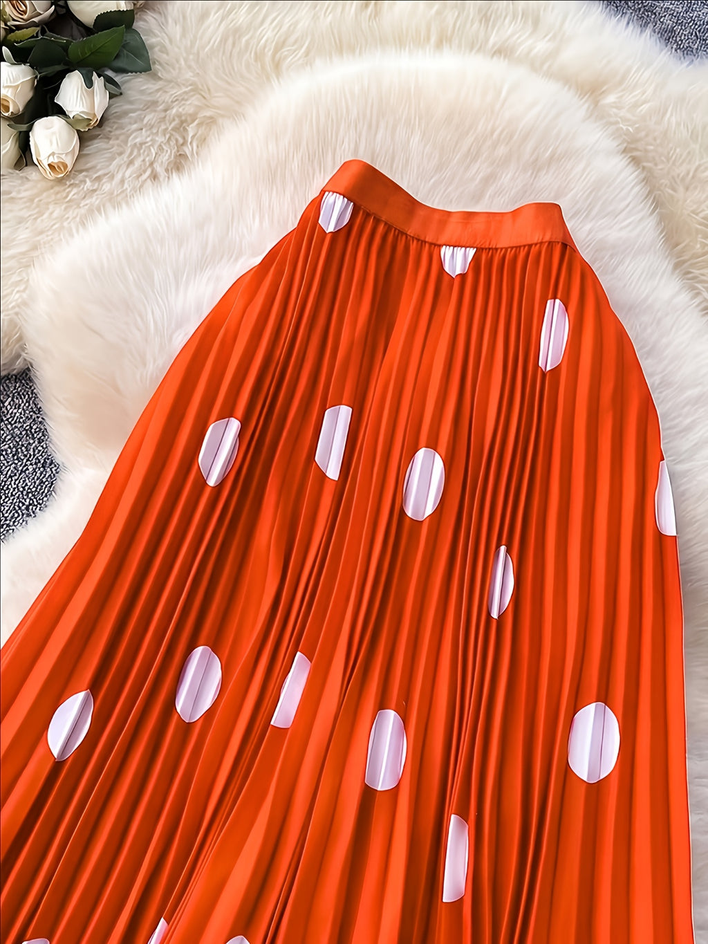 Women'S Elegant Pleated Long Skirt, Fashionable Versatile Polka Dot Half Skirt - Orange