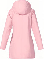 Women'S Hooded Outdoor Pocket Zipper Casual Mid-Length Trench Coat - Pink Color