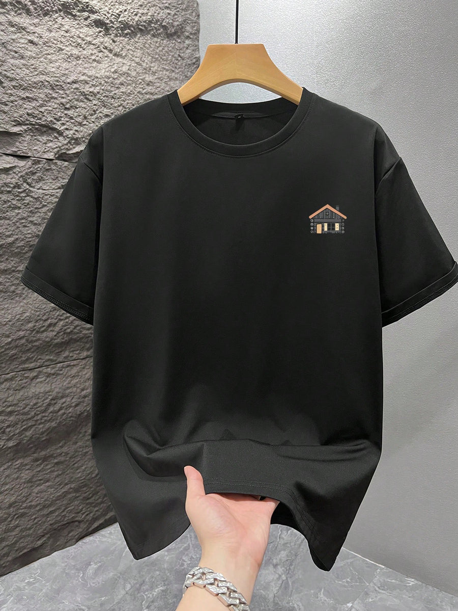 Men'S Single Pc Print Round Neck Short Sleeve T-Shirt, Easy Fashion Loose Comfortable Cool for Outings, Outdoor Sports, Commuting 2KT01 - Black