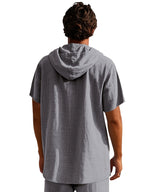 2pcs Men'S Linen Blend Short Sleeve Hooded Henley Shirt, Casual Half-Button Drawstring Hooded Top, Lightweight Breathable Wrinkle-Resistant Summer Beach Shirt, Loose V-Neck Linen Hooded T-Shirt, Suitable for Vacation, Casual Wear - Gray + Card