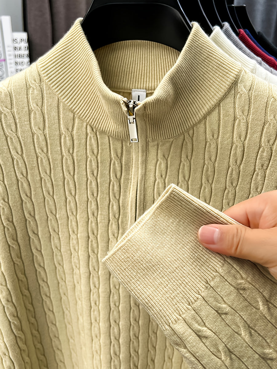 Half-zip Cable-knit Sweater, Fully Constructed with Herringbone Cable Stitching for a Strong Three-dimensional Texture. Compared to a Stockinette Sweater, It Has a More Vintage Feel. The Slightly Relaxed Fit Offers Good Forgiveness for Body Shapes - Beige Apricot