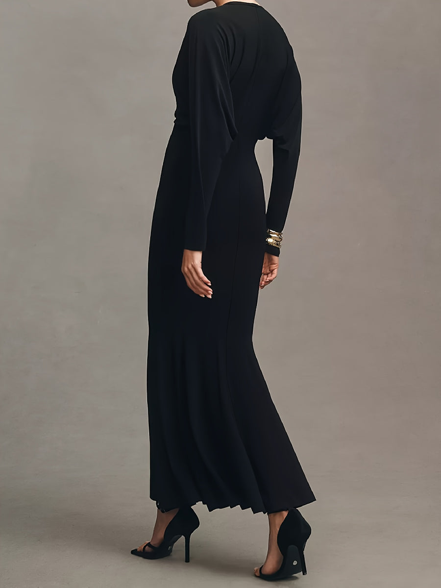 Women's Elegant Deep V-Neck Bodycon Evening Dress Suitable for Weddings, Galas & Proms - Stretch Formal Dress, Machine Washable Solid Color Gala Wedding Gown - Black