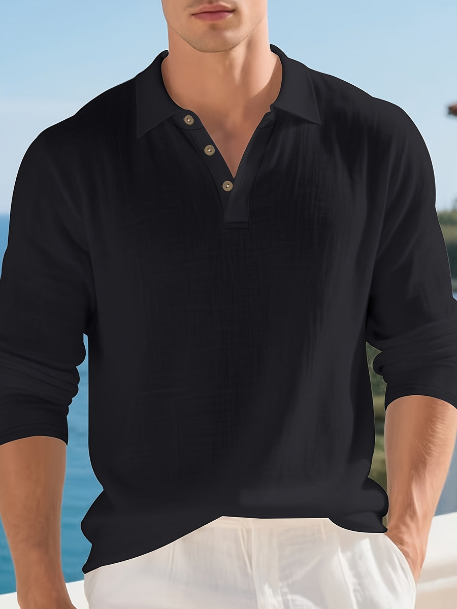 Summer Men'S 3pcs Lightweight Breathable Linen Long Sleeve Polo Shirt Solid Color Versatile Henley Button-Up T-Shirt Casual Vacation Commute Top - Black+khaki+white