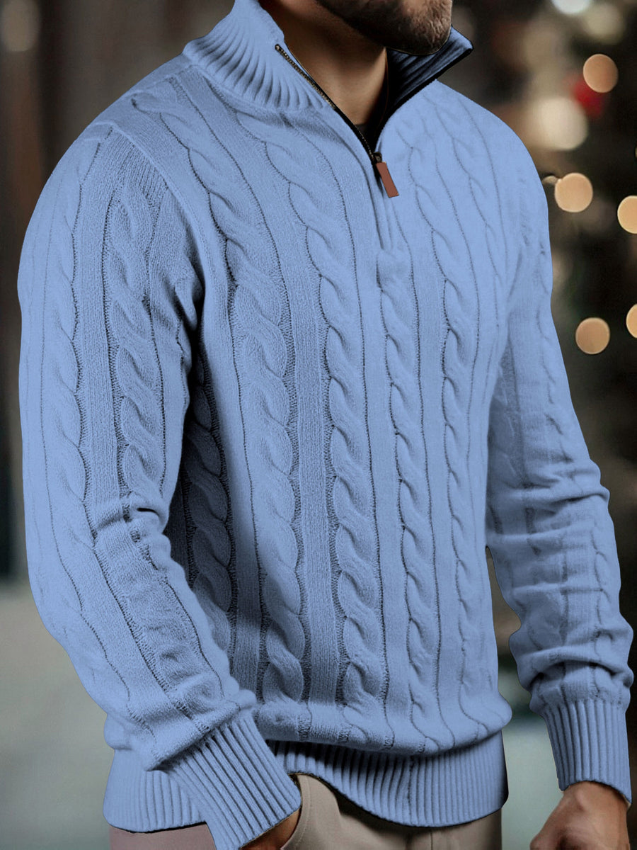 Men's Fashion High-Neck Zipper Twist Knit Sweater, Solid Color Versatile Pullover, Soft Medium-Stretch Fabric, Suitable for Autumn/Winter Office, Date Night, Casual Wear, Ideal as a Gift - Sky Blue