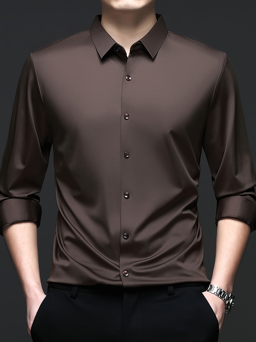 High-end Men's Casual Fashion Wrinkle-Resistant Thin Seamless Stretch Business Solid Color No-Iron Long Sleeve Shirt - Coffee Color