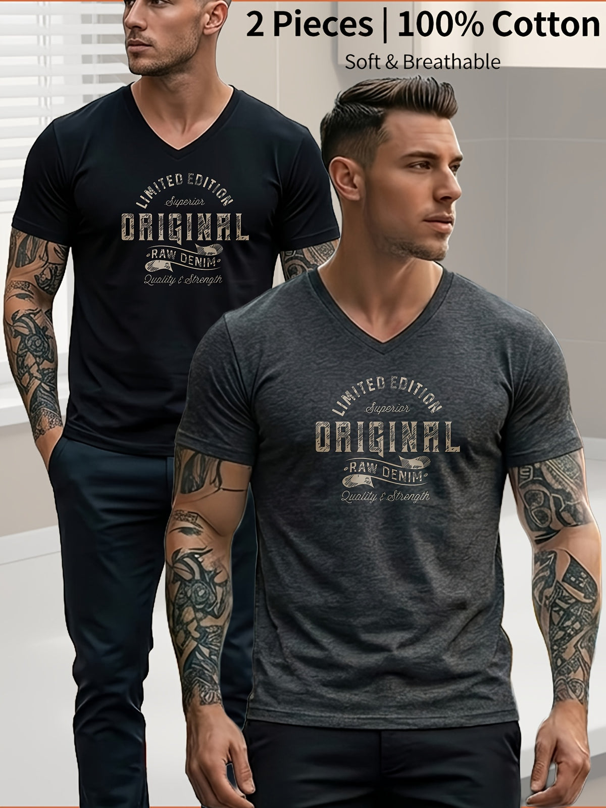Cotton V Neck Slim Fit Men's T-Shirt Limited Edition Original Print Casual Wear for Spring And Summer Gift for Him - Black+Dark Grey