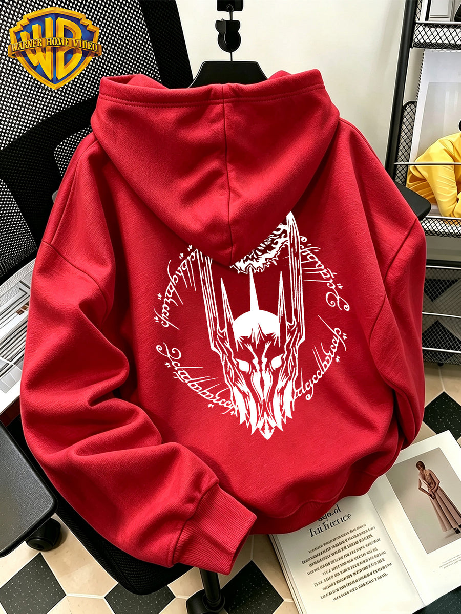 Authorized by Warner Bros., 2026 New Soren Helmet with White Line Print, Men'S Hoodie, Hooded Sweatshirt, Kangaroo Pocket And Drawstring Hat, Suitable for Daily And Outdoor Sports Wear, Autumn And Winter Warm Jacket, Fashionable Jacket - Red