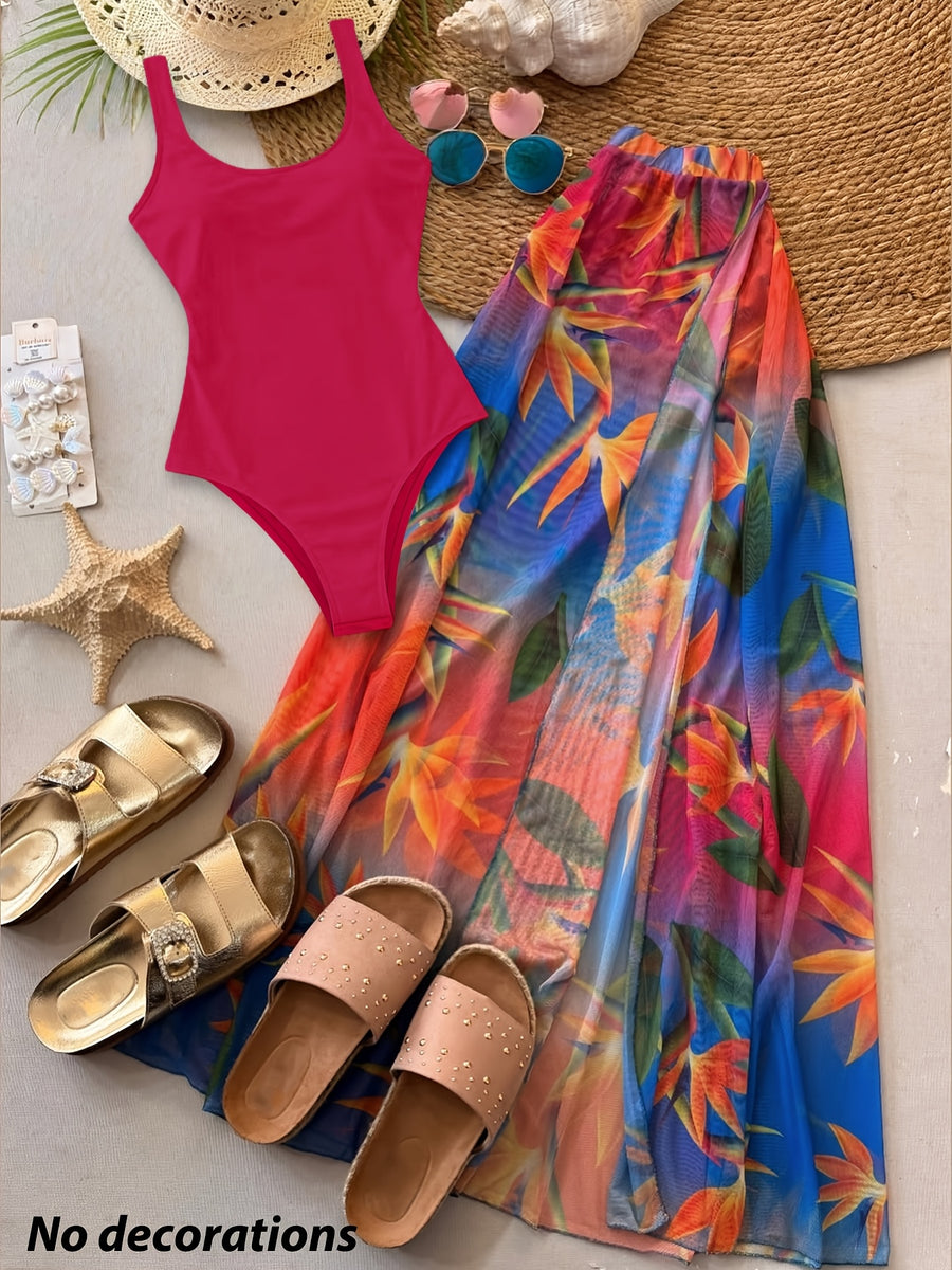 2026 Women'S Summer New Half Skirt Set, Slim Fit Sleeveless Jumpsuit with Camisole&Printed Semi Transparent Mesh Half Skirt Two-Piece Set, Elegant Party Y2K, Suitable for Poster Vacations, Parties, And Socializing - Mixed Color 2