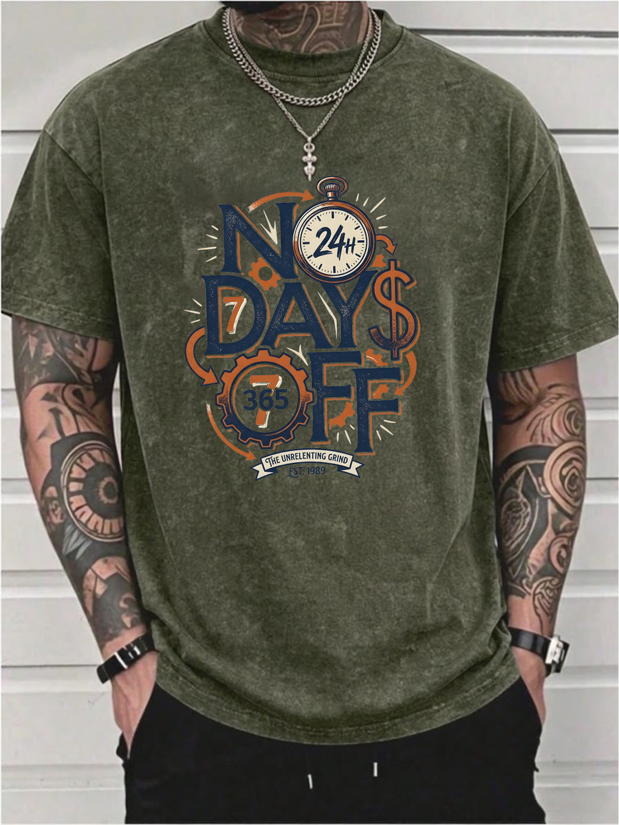 Men's Washed Short-sleeve T-shirt, Made of Pure Cotton for Breathability and Skin-friendly Comfort. Features a Relaxed Fit for Versatile Wear. Front Print with "NO DAYS OFF" Motivational Text and Gear Stopwatch Elements Exuding a Powerful Vibe - Olive Green