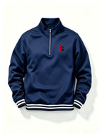 Men'S Half-Open Collar Mid-High Neck Sweatshirt, Contrast Geometric S Logo Print Striped Ribbed Hem Loose Athletic Pullover Top, Suitable for Commute And Casual Wear - Navy Color