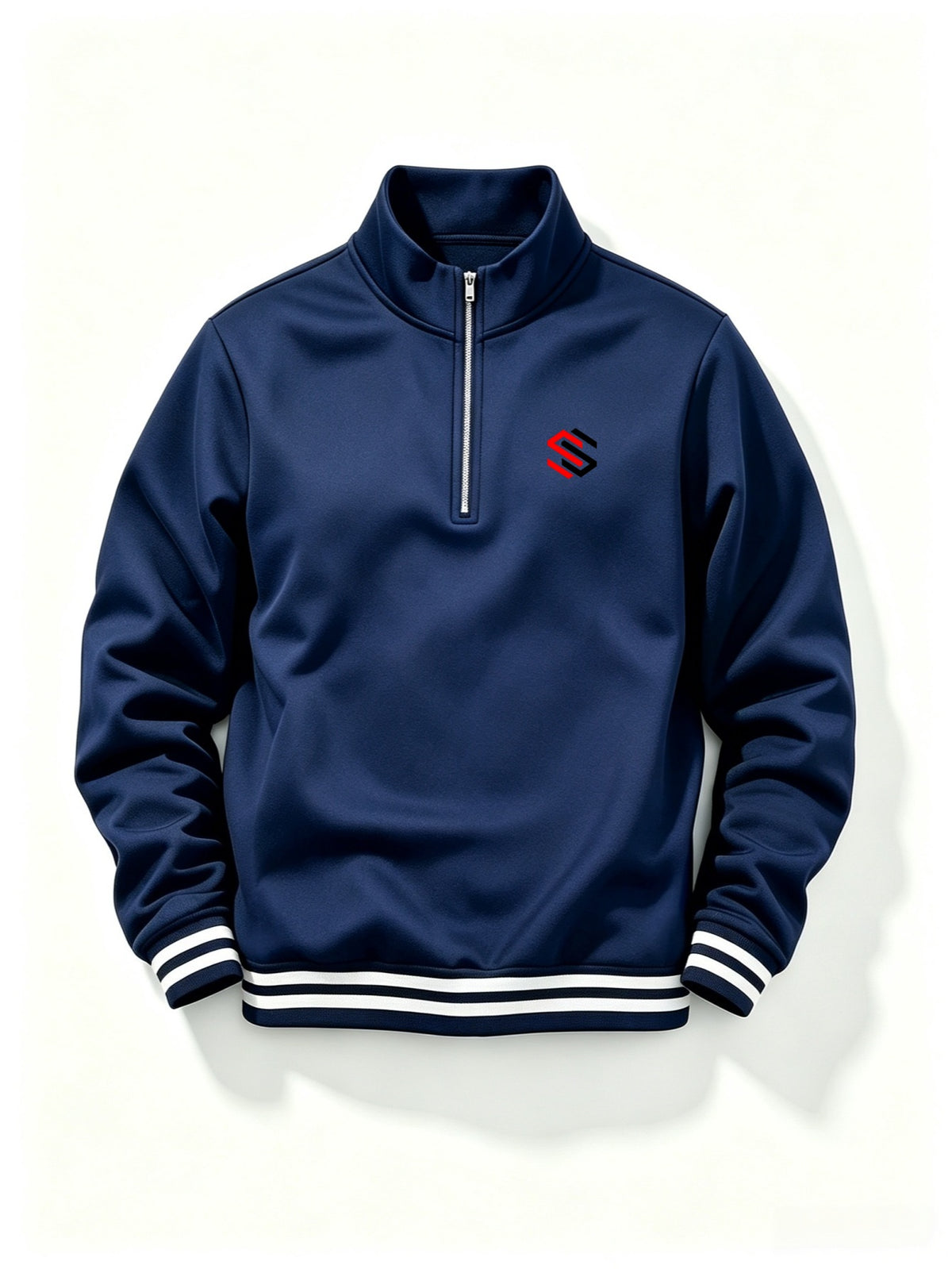 Men'S Half-Open Collar Mid-High Neck Sweatshirt, Contrast Geometric S Logo Print Striped Ribbed Hem Loose Athletic Pullover Top, Suitable for Commute And Casual Wear - Navy Color