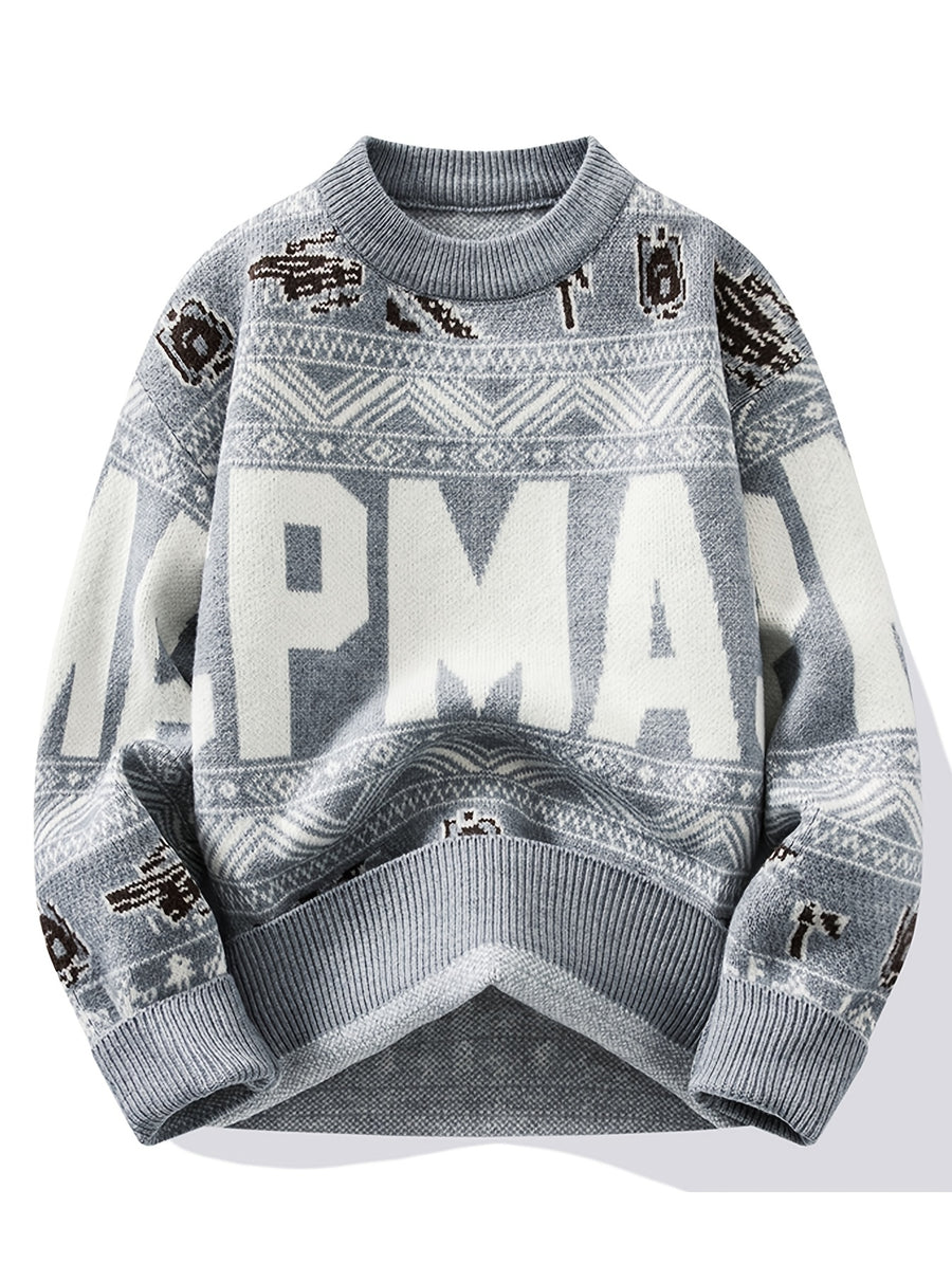 Men'S Multi-Color Ethnic Jacquard Knit Sweater, Round Neck Pullover with Geometric Letter Vintage Jacquard Pattern, Fashionable Casual Fall/Winter Fitted Style, Trendy Top for Middle-Aged Men - Grey