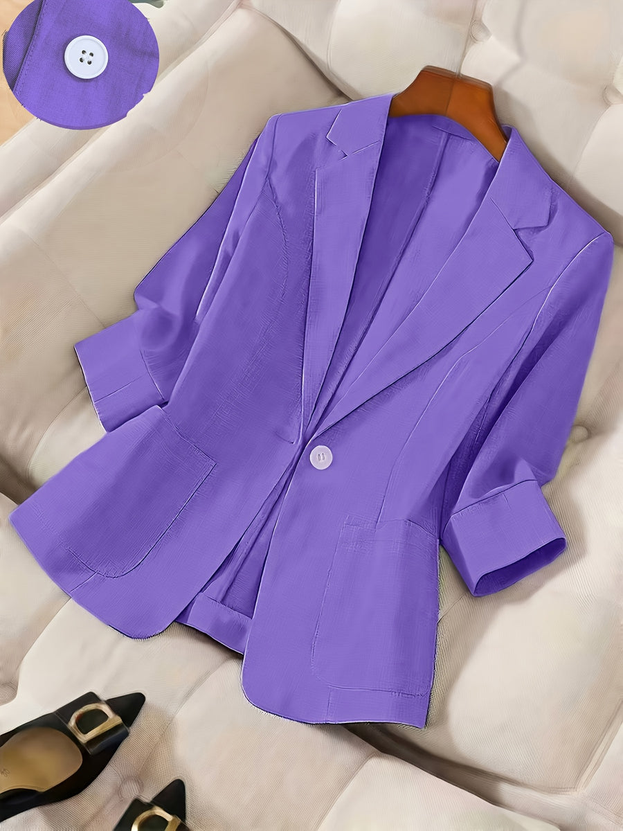 2026 New Premium Solid Color Single-Button Suit Jacket, Elegant 3/4 Sleeve, Comfortable And Breathable Casual Outerwear, Elegant Style Suitable for Daily Spring Summer Autumn, All-Match Temperament Suit - Violet