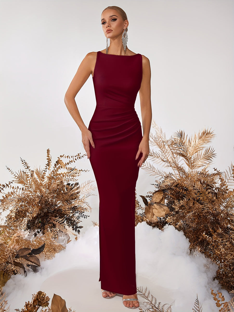Straight Neck Side Slit Slim Fit Prom Party Cocktail Reception Formal Ladies Dinner Dress - Burgundy