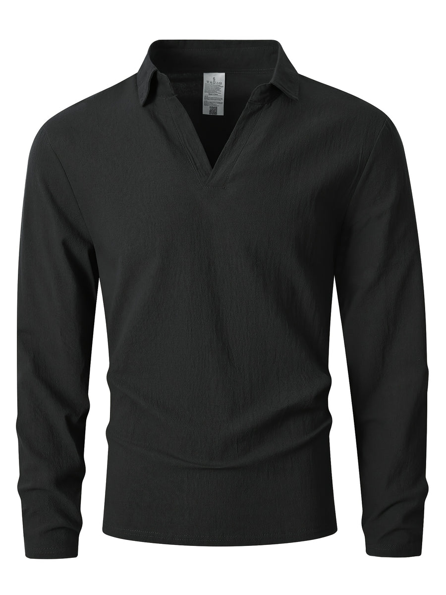 2026 Spring Autumn Men'S Casual Solid Color Lapel V-Neck Long Sleeve Men'S Western Casual All-Match Long Sleeve Top - Black