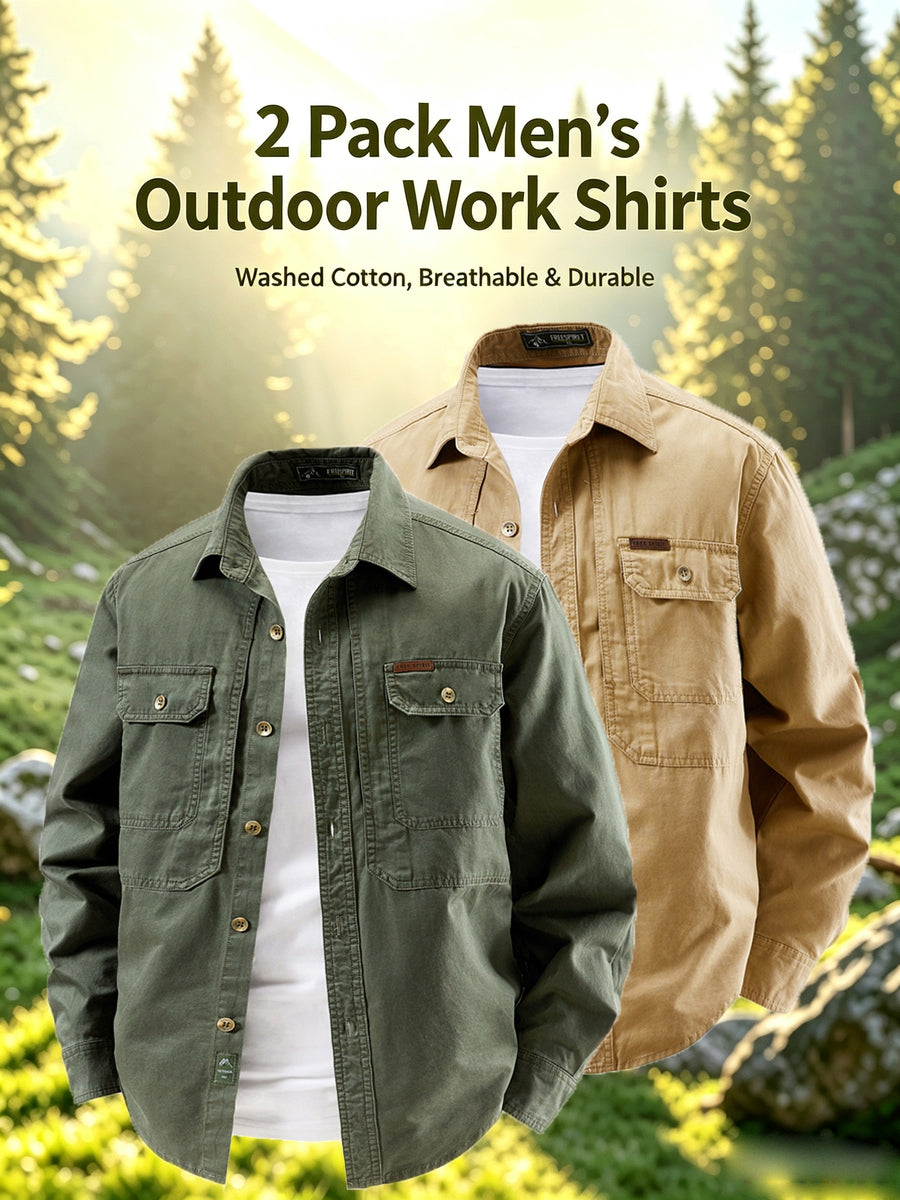 2pcs Men'S 100% Utility Long Sleeve Shirts, Spring/Autumn Vintage Washed Loose Fit, Stiff Non-Deformable Collar, Large Capacity Chest Pockets for Phone, Brass Metal Buttons, Straight Windproof Cuffs - Army Green+Khaki
