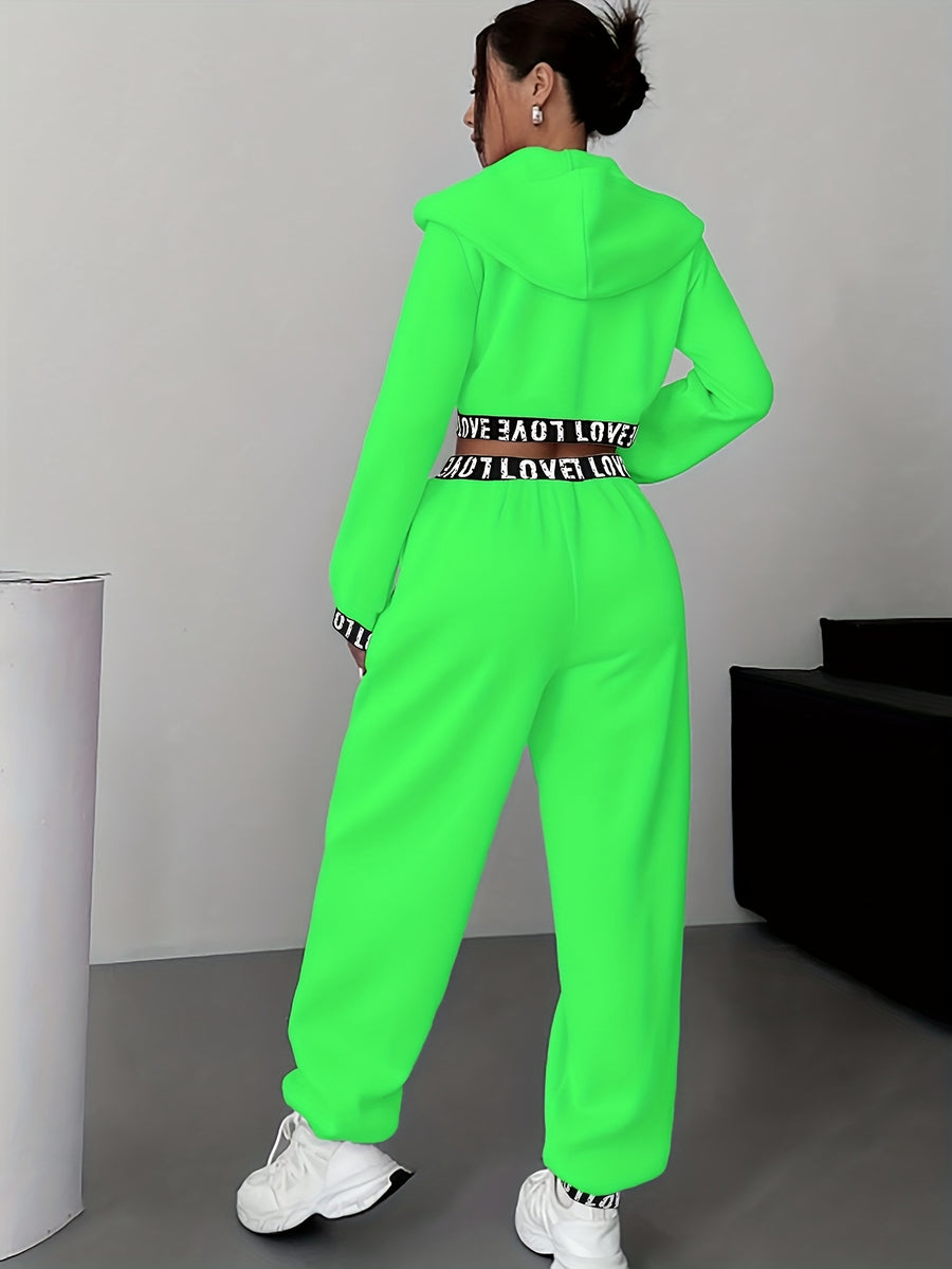 Women's 2pcs Set, Zipper and Hood Autumn/Winter Casual Women's Jacket + Pants, Regular Clothing, Daily Wear, Fashion Apparel, Stylish Swear, Soft Fabric, Comfortable Clothing, Matching Series, Women's Swear, Women's Collection - Fluorescent Green