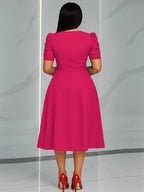 Women'S Elegant V-Neck Ruched Midi Dress, Solid Color Short Sleeve, Waist-Cinching Belt, Flowing Skirt, Perfect Spring Summer Outfit, Adult Fashion, Comfortable Daily Elegant Waist-Cinching Dress, Ruched Detail - Rose Red
