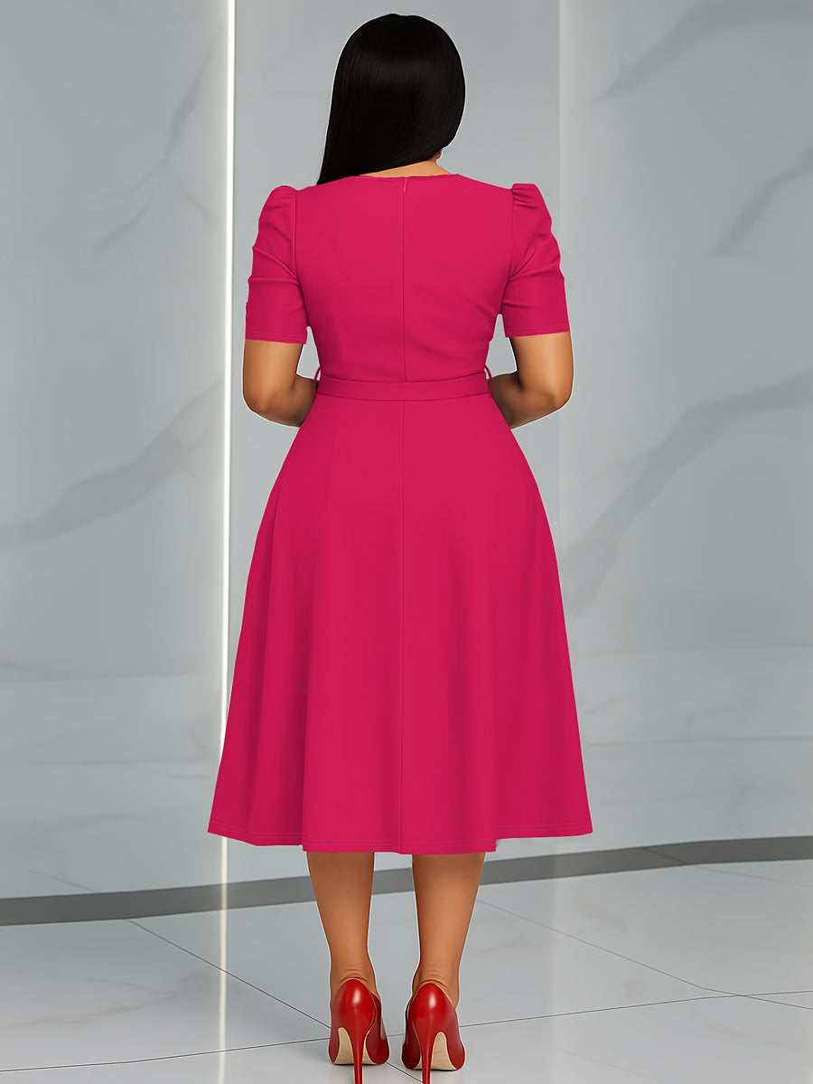 Women'S Elegant V-Neck Ruched Midi Dress, Solid Color Short Sleeve, Waist-Cinching Belt, Flowing Skirt, Perfect Spring Summer Outfit, Adult Fashion, Comfortable Daily Elegant Waist-Cinching Dress, Ruched Detail - Rose Red