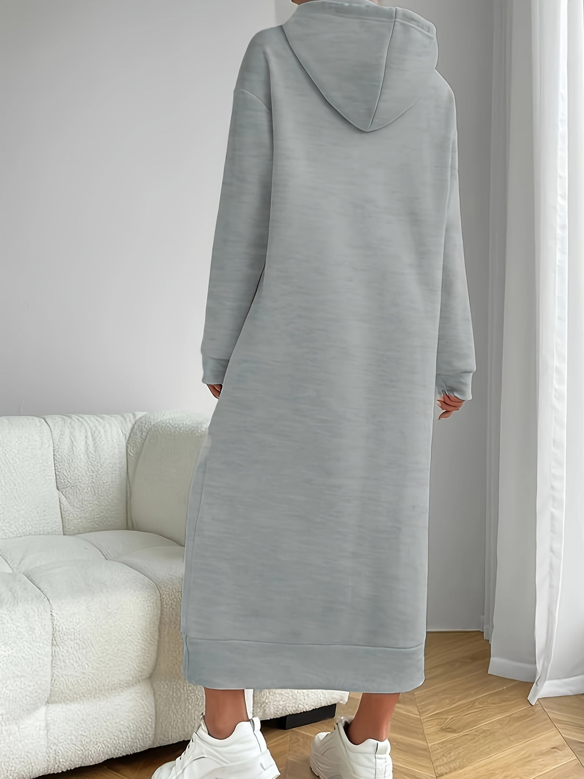 New Winter Thick Long Hooded Sweatshirt Dress, Knee-Length, Loose-Fitting Casual Dress for Women - Light Grey