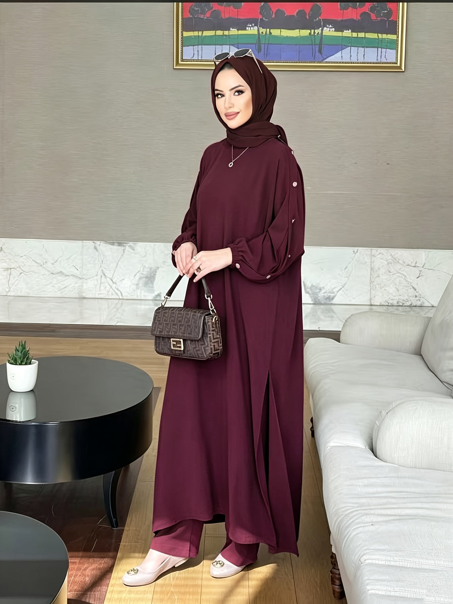 2026 New Loose, Casual And Fashionable, Commuting All-Purpose Long Two-Piece Set with Round Neck And Golden Button Pocket Design - 8075 Deep Purple Red