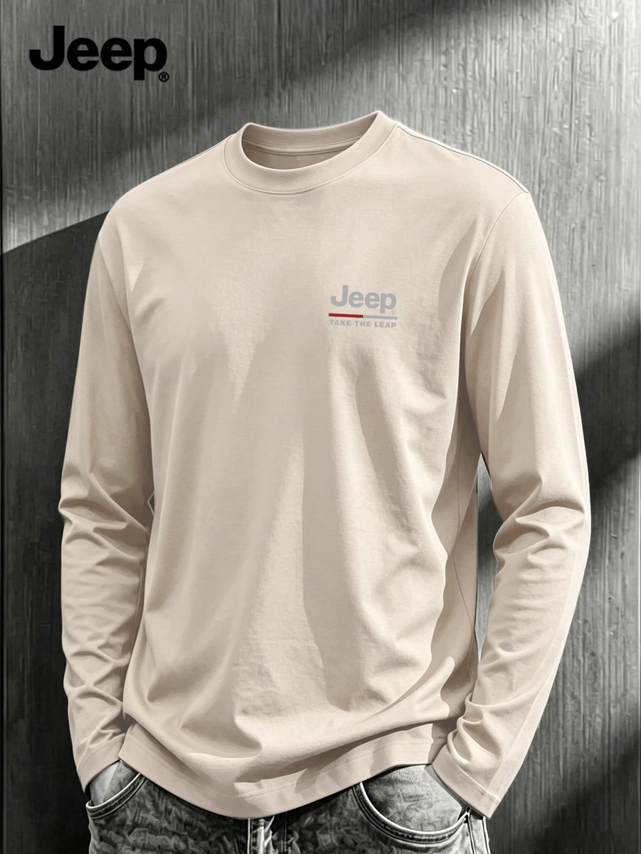 JEEP Men's Pure Long-Sleeve T-Shirt, 210g, Crew Neck, Solid Color, Wear-Resistant, Breathable, for Spring/Autumn Casual and Sports as a Base Layer Top - Sand Color