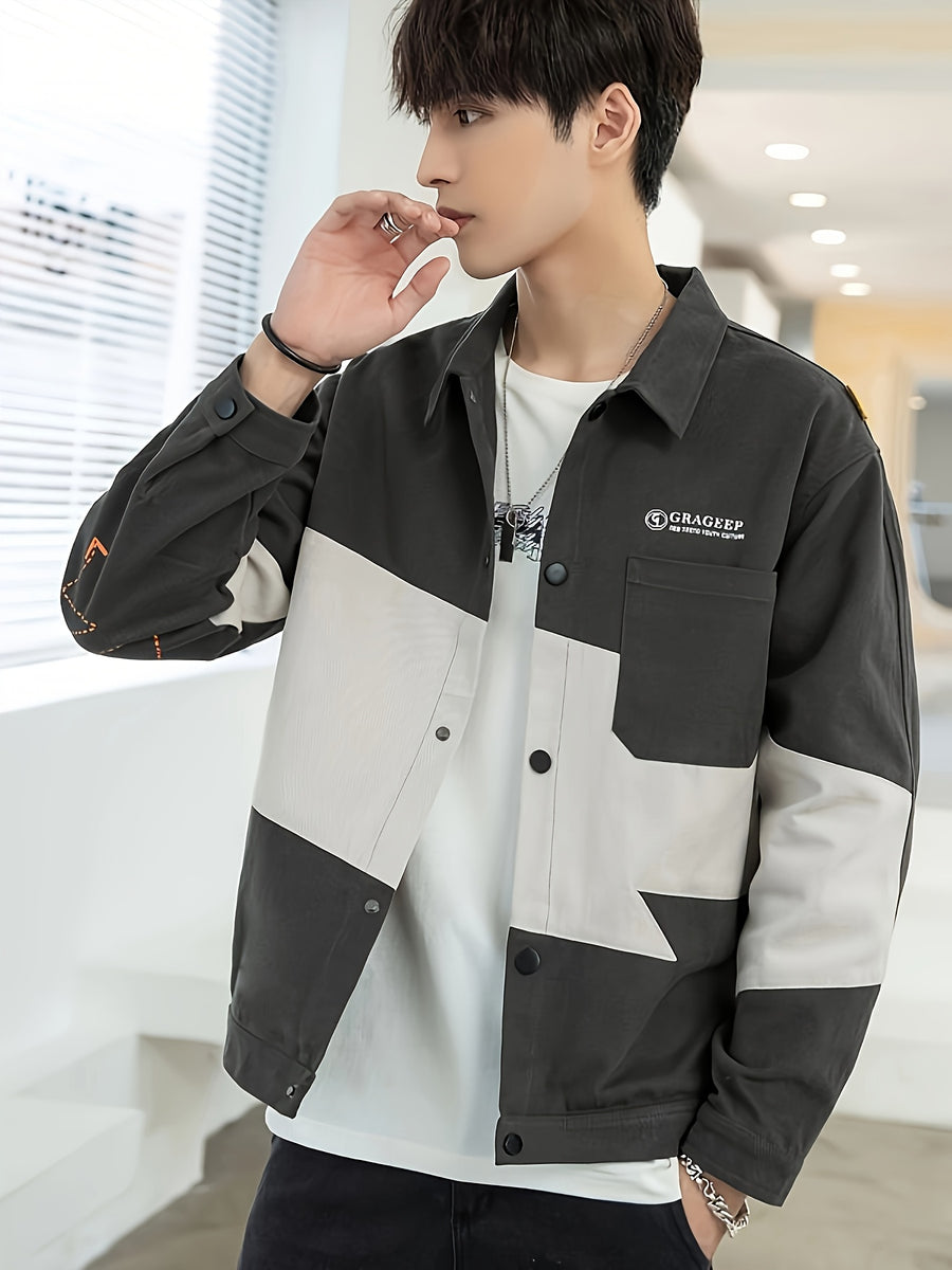 Patchwork Jacket Men'S Trendy Cool Loose Men'S Autumn Top Coat Jacket Spring Autumn Style All-Match - Grey