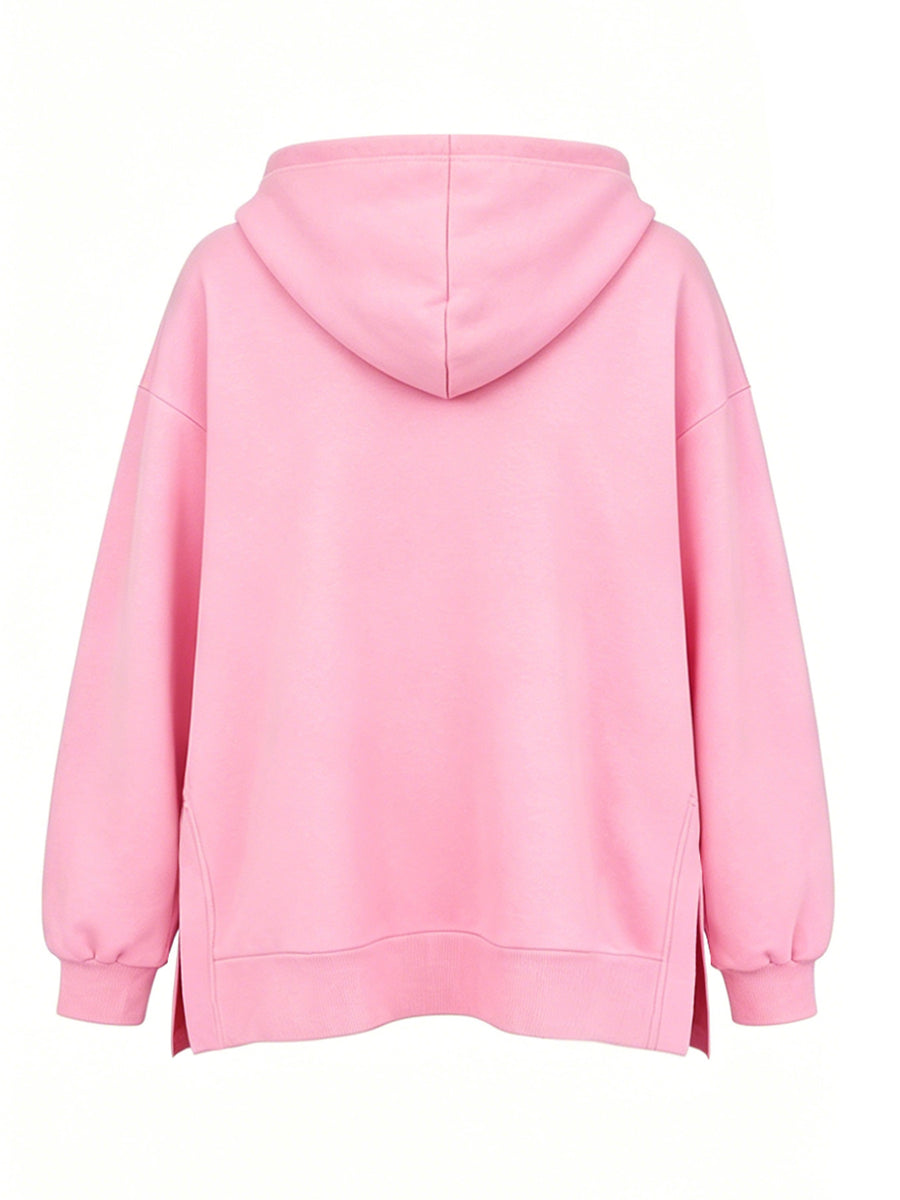 Women' S Fashion Hooded Sweatshirt for Autumn and Winter- Pattern Print Design, Side Slit Design, Hooded Sweatshirt - Pink Color