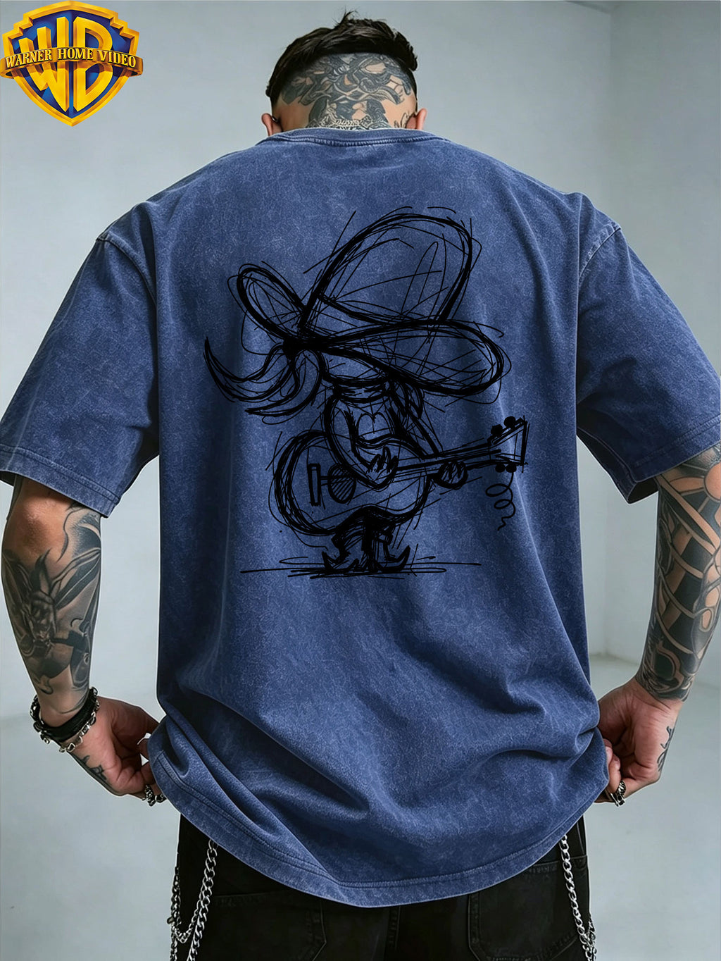 [Warner Bros] Official Authorization, Guitar Playing Denim Print Design, American Retro Washed Distressed T-Shirt, Outdoor Sports Casual Clothing, Daily Commuting, Machine Washable - Royal Blue