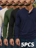 Men'S Classic Retro Henley Long Sleeve T-Shirt 5pcs, American Casual Solid Color Half-Button Up Top, Spring Fall Winter Men'S Comfortable Versatile Base Layer 5pcs, Suitable for Commuting, Business, Casual, Outdoor Activities, Travel - Navy Blue+Black+Green+Khaki+Blue