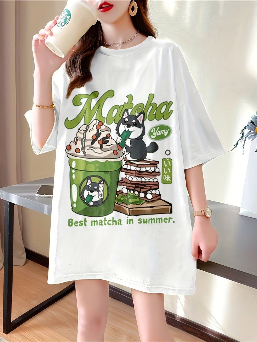 New Summer Collection of Plus-Size Loose-Fitting Stylish Cartoon Print Women'S Mid-Length Short-Sleeve T-Shirts - White