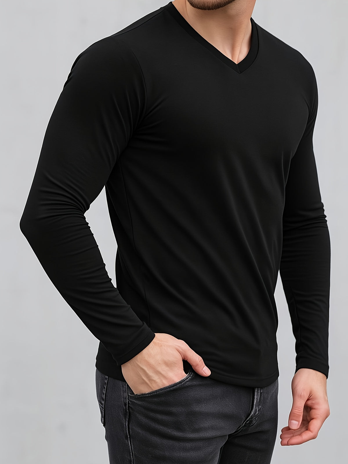 Autumn and Winter Basic Men's V-Neck Knit Sweater, Versatile Daily Commute Top - Black