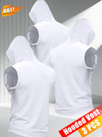 3pcs Men's Hooded Tank Tops, New Summer Style, Skin-Friendly and Breathable Fabric, Sleeveless Loose Fit for a Slimming Look, Versatile for Daily Fitness, Sports, and Streetwear, Essential for Men's Refreshing Summer Outfits - White+white+white