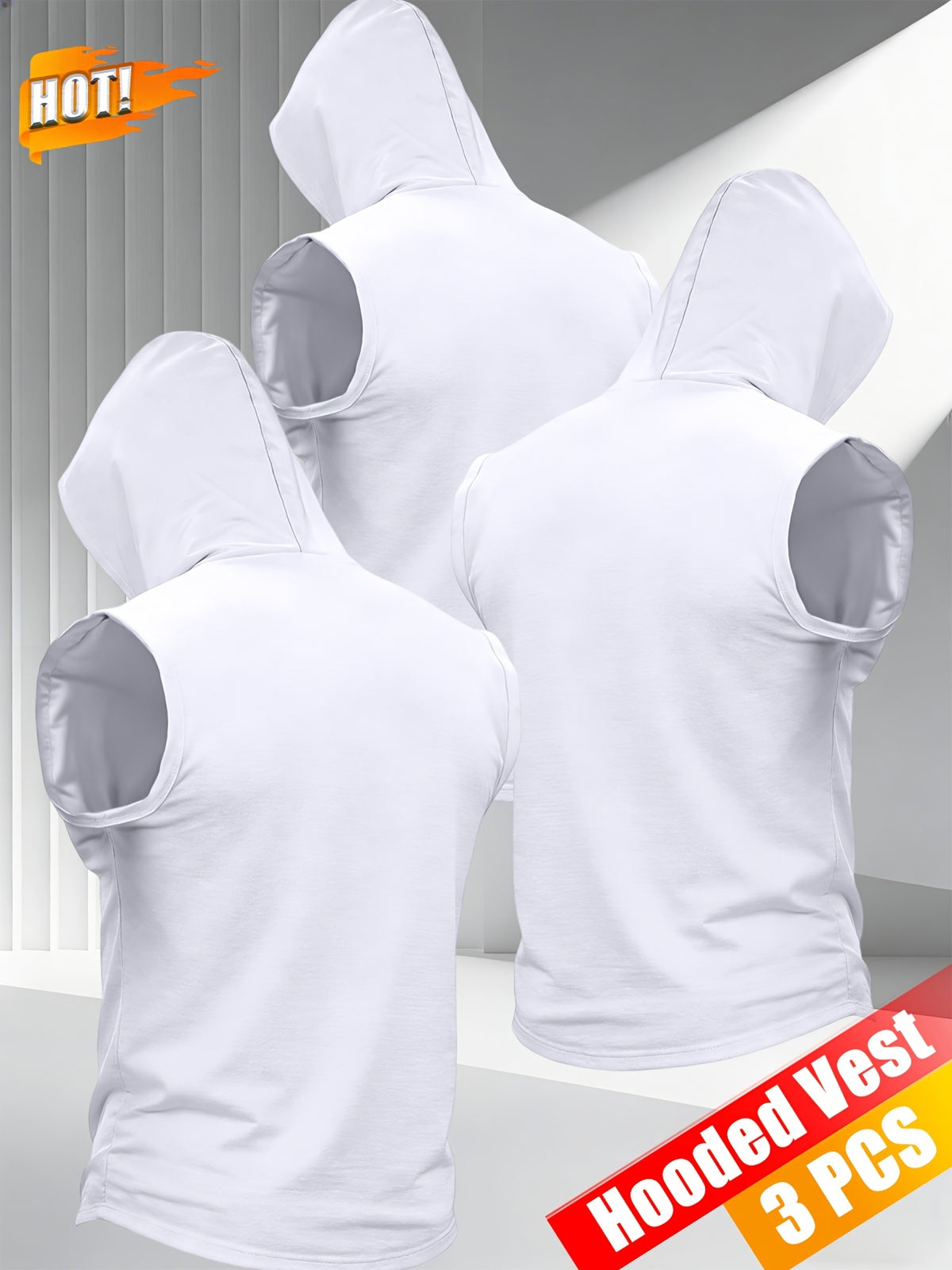 3pcs Men's Hooded Tank Tops, New Summer Style, Skin-Friendly and Breathable Fabric, Sleeveless Loose Fit for a Slimming Look, Versatile for Daily Fitness, Sports, and Streetwear, Essential for Men's Refreshing Summer Outfits - White+white+white
