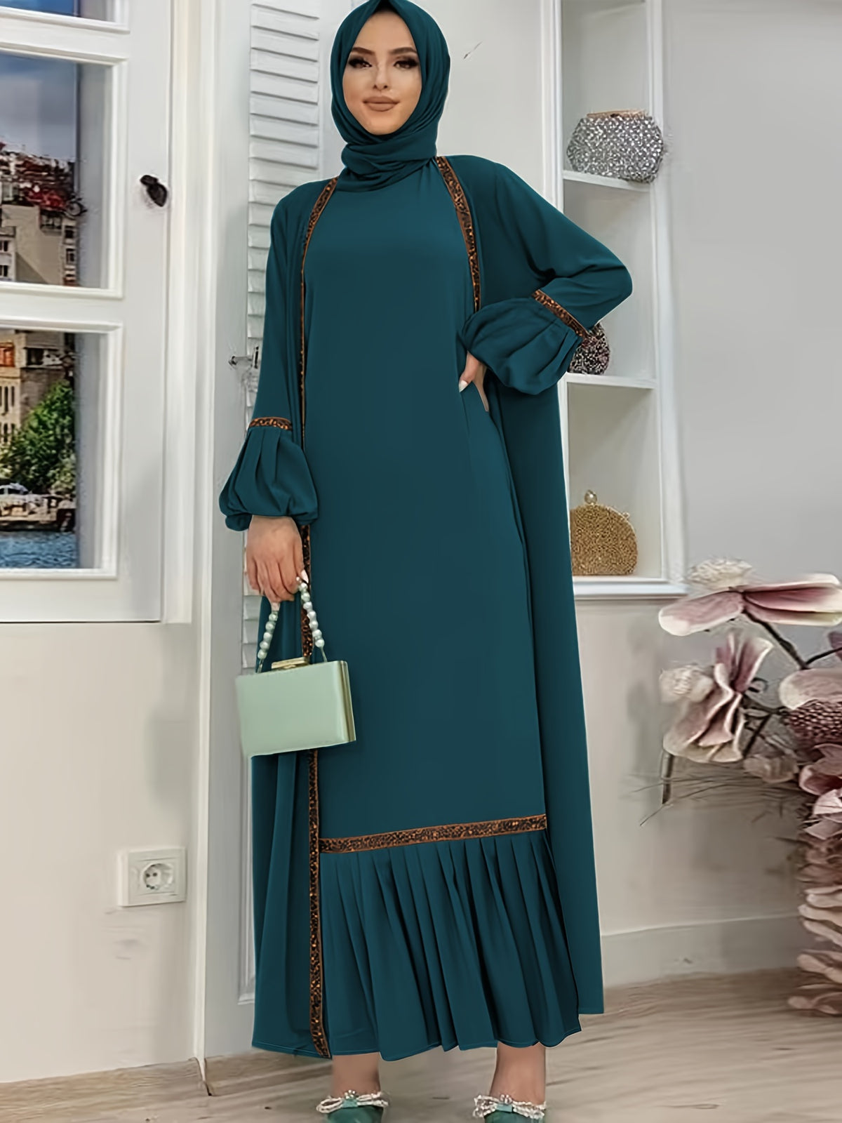 Women'S Middle Eastern Muslim Solid Color Vest Dress + Coat Two-Piece Set - Deep Peacock Blue