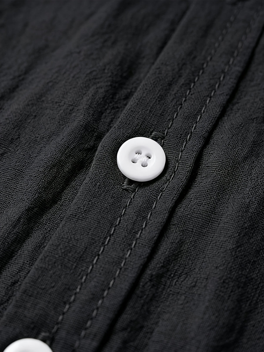 Men's Linen Long-sleeve Shirt, Small Stand-up Collar Button- Casual Shirt, Solid Color Simple and Versatile Style, Suitable for Spring and Autumn Outdoor Activities, Travel and Vacation, and Daily Commuting Wear - Black