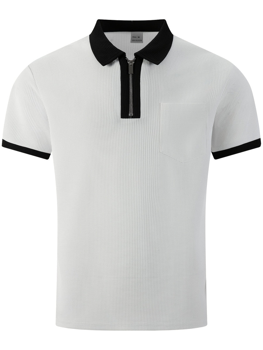 High-quality Men's Design Zippered Short-sleeved Polo Shirt, Contrasting Color Collar Design, Soft Fabric, Comfortable Experience, Versatile and Trendy Style, Suitable for Various Occasions Such as Traveling, Shopping, Casual Walking, Etc. - White