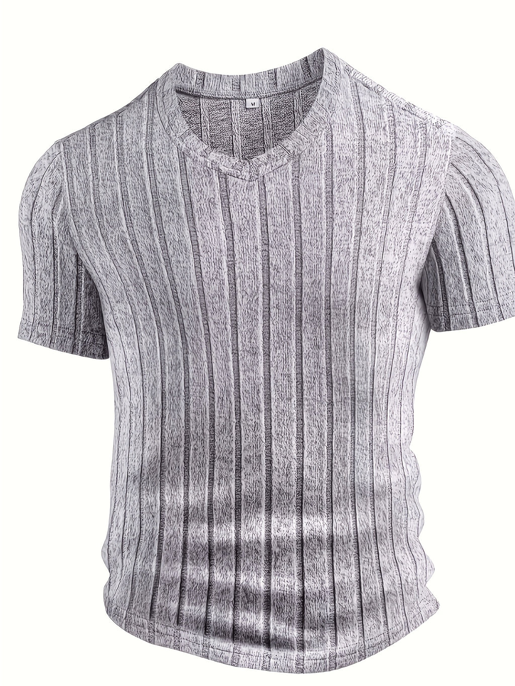 Men's Gray Vertical Rib V-Neck Short Sleeve T-Shirt, Slim Fit Stretch Textured Solid Color Commuter Casual Knit Base Layer Top - Granny Gray