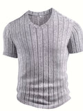 Men's Gray Vertical Rib V-Neck Short Sleeve T-Shirt, Slim Fit Stretch Textured Solid Color Commuter Casual Knit Base Layer Top - Granny Gray